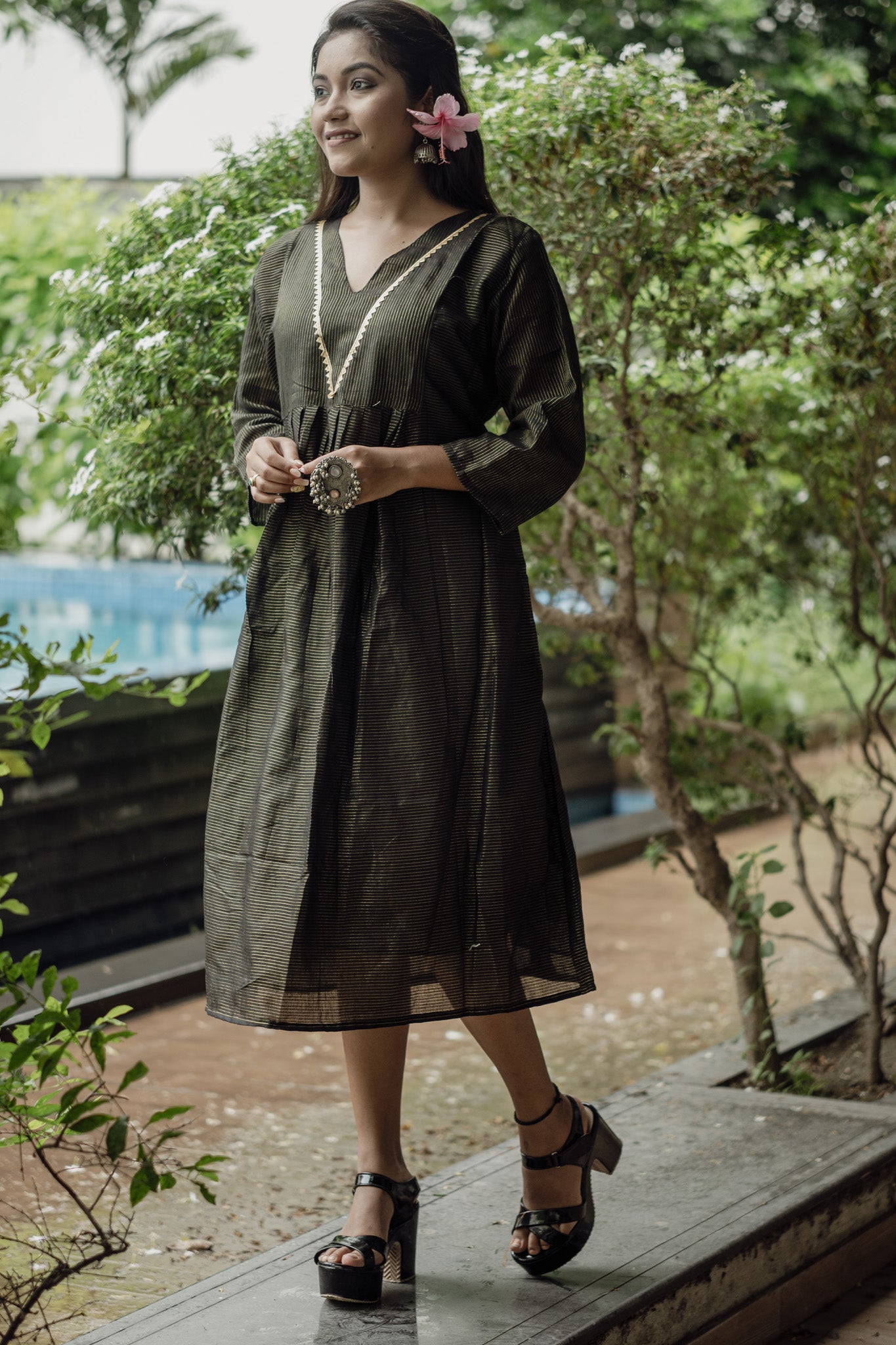 Classic Black & Gold Striped Cotton Midi Dress with Elegant Detailing