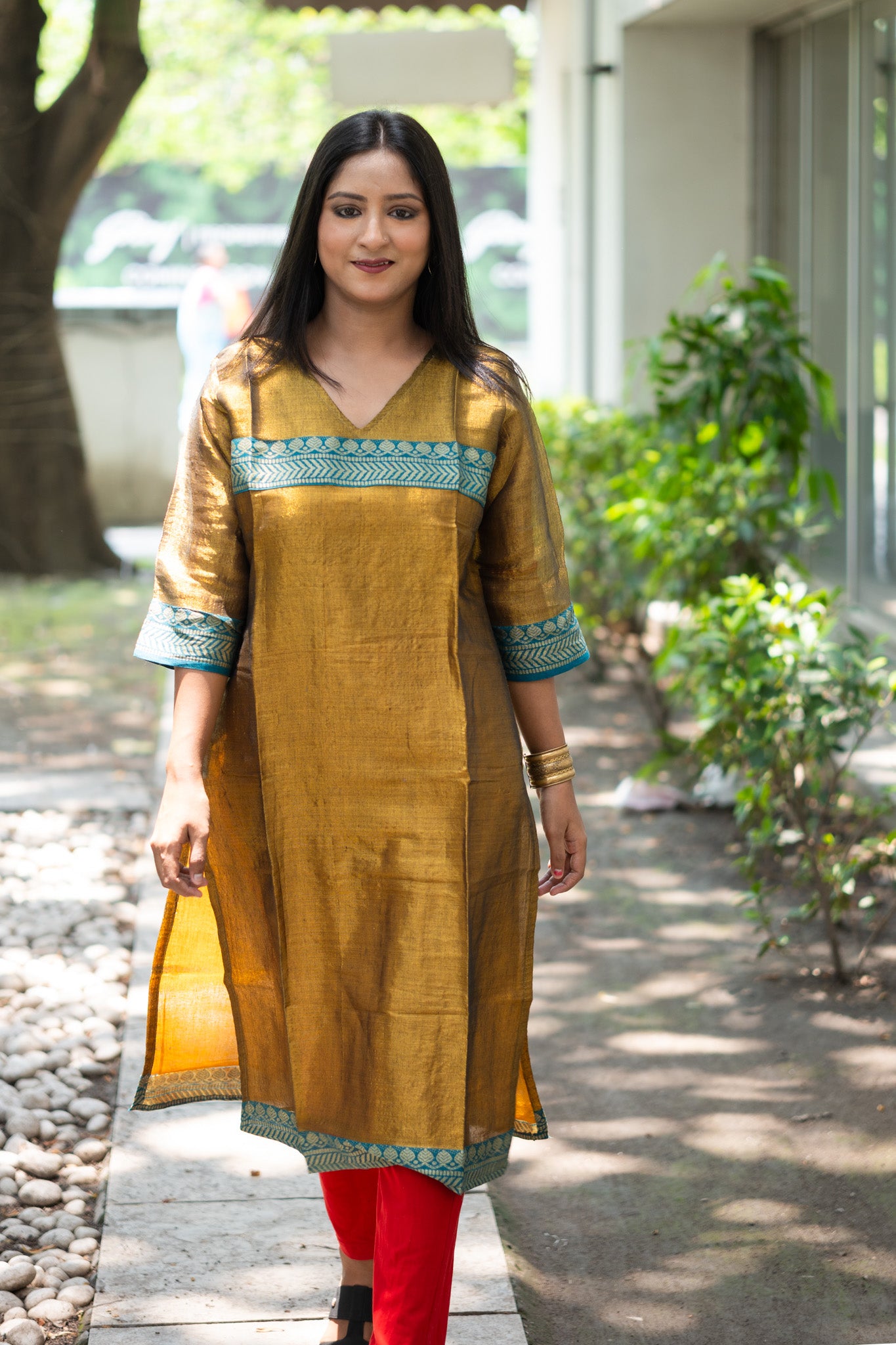 Taru Teal Border Tissue Kurta