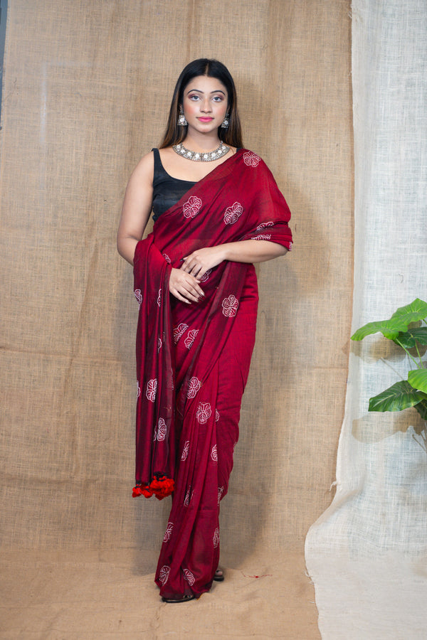 Wine floral Saree - Uttariya