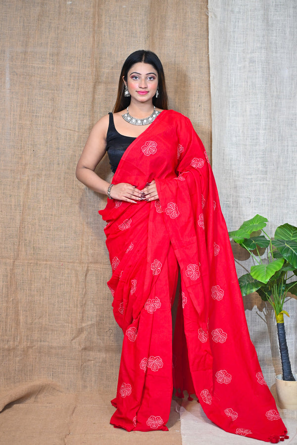 Red Makhmal Saree - Uttariya