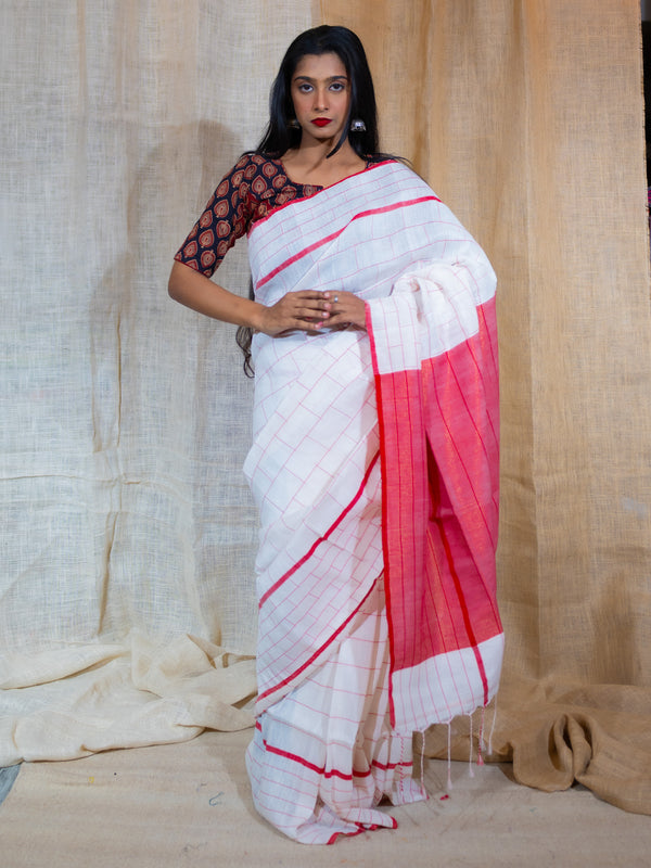 White brick Linen Saree