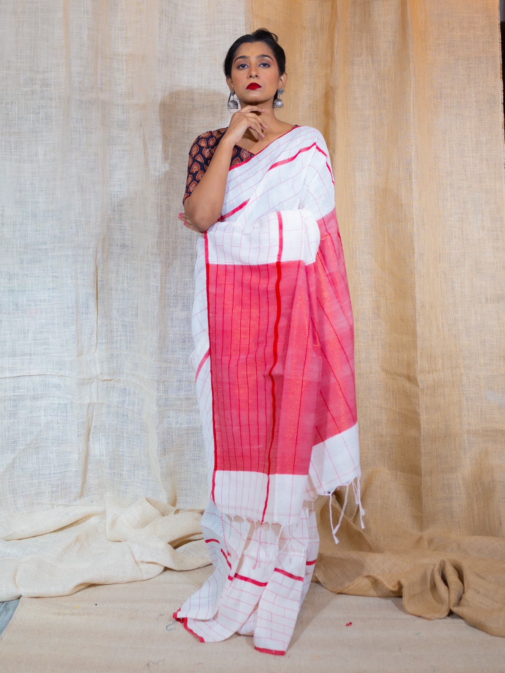 White brick Linen Saree