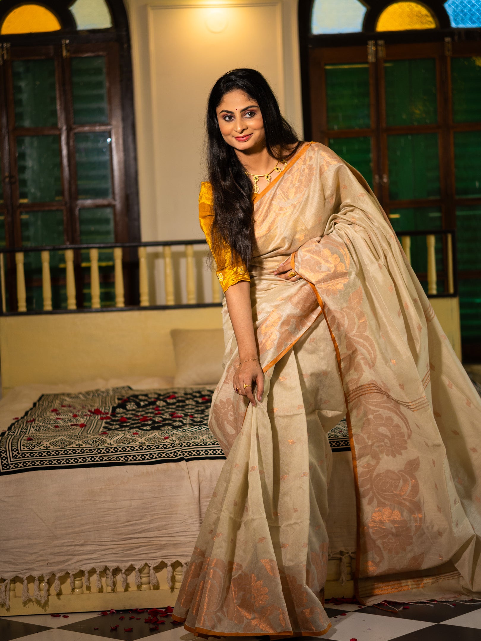 Handloom Silk Saree with Golden Floral Weave