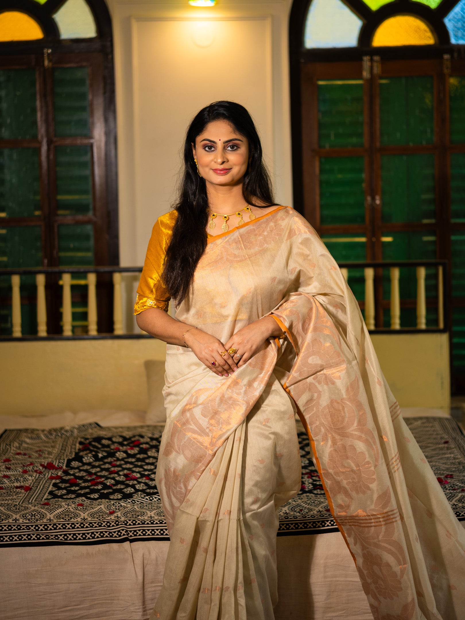 Handloom Silk Saree with Golden Floral Weave