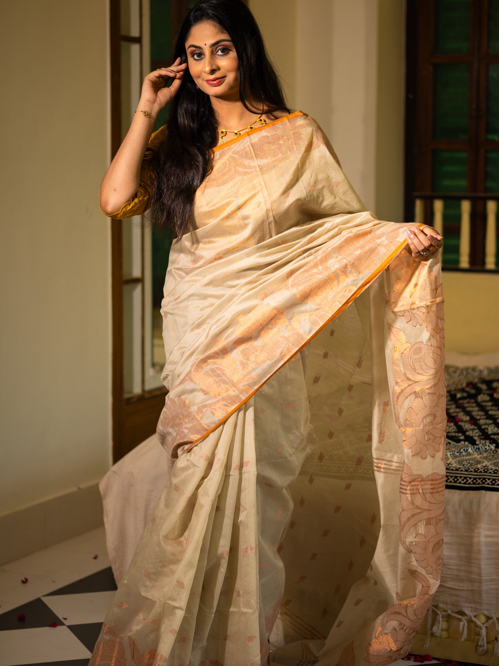 Handloom Silk Saree with Golden Floral Weave