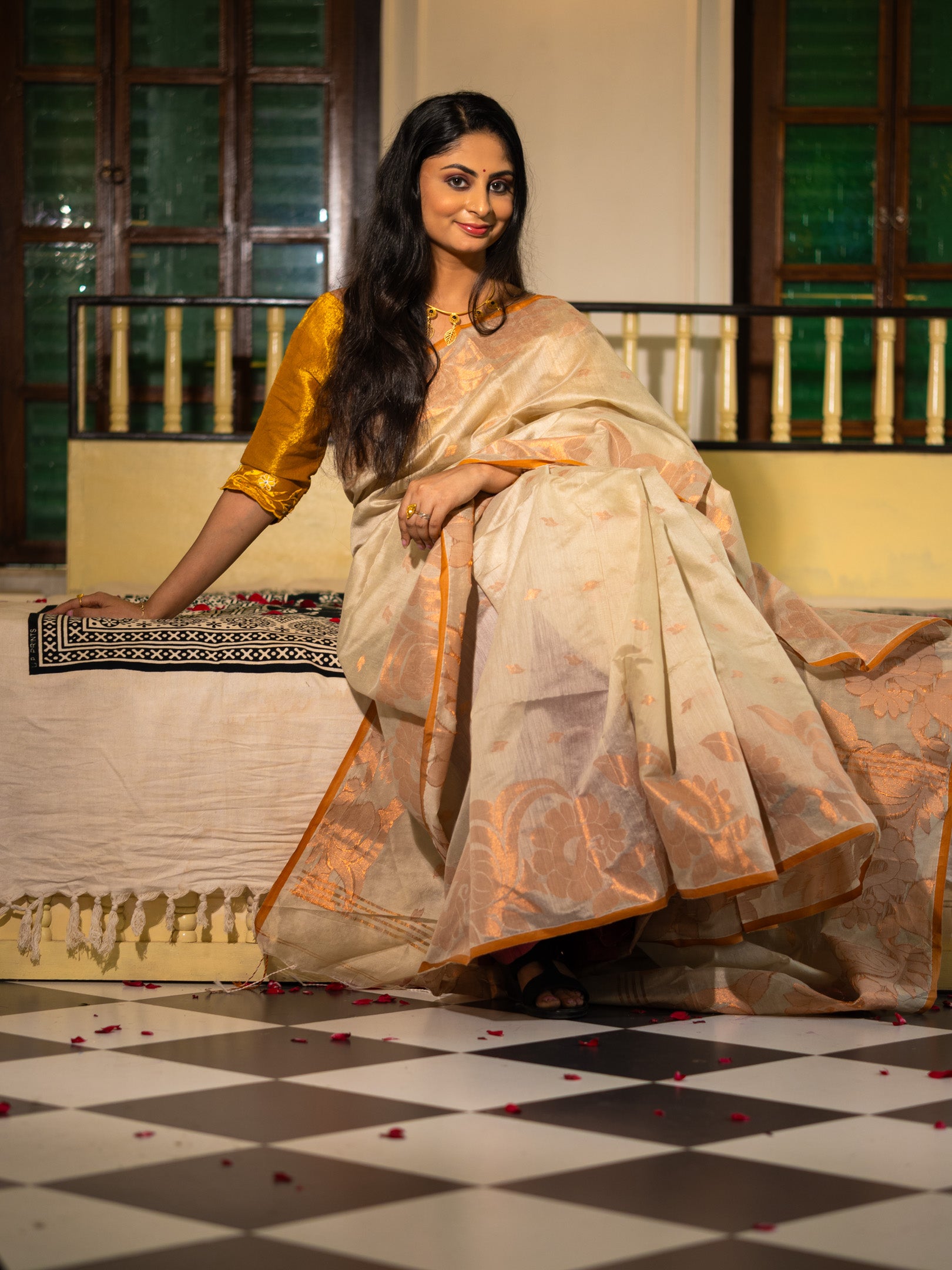 Handloom Silk Saree with Golden Floral Weave
