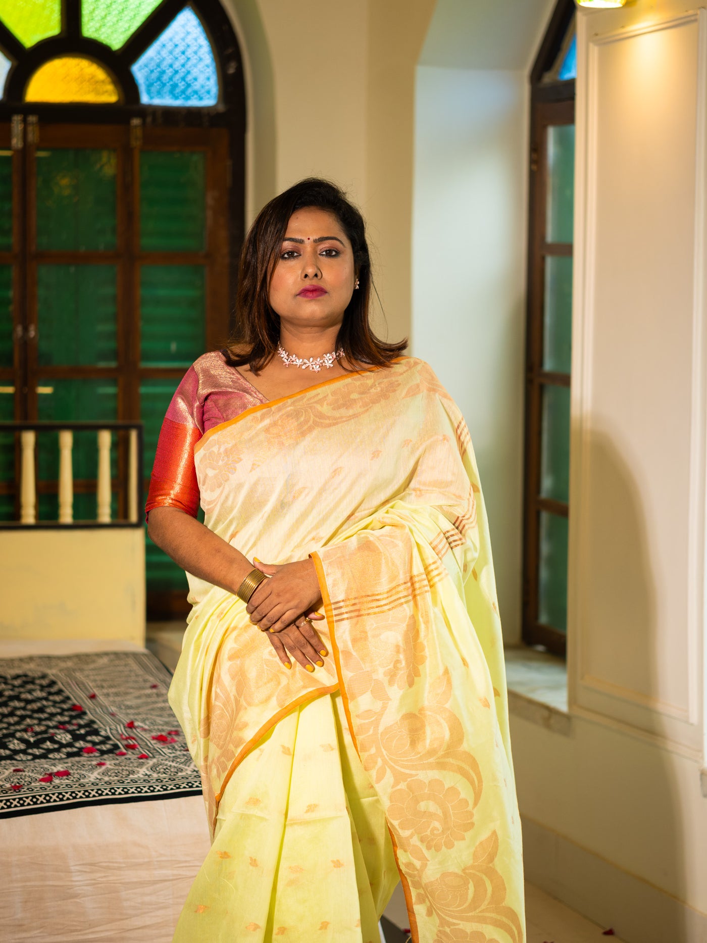 Pastel Lime Handloom Silk Saree with Golden Floral Weave