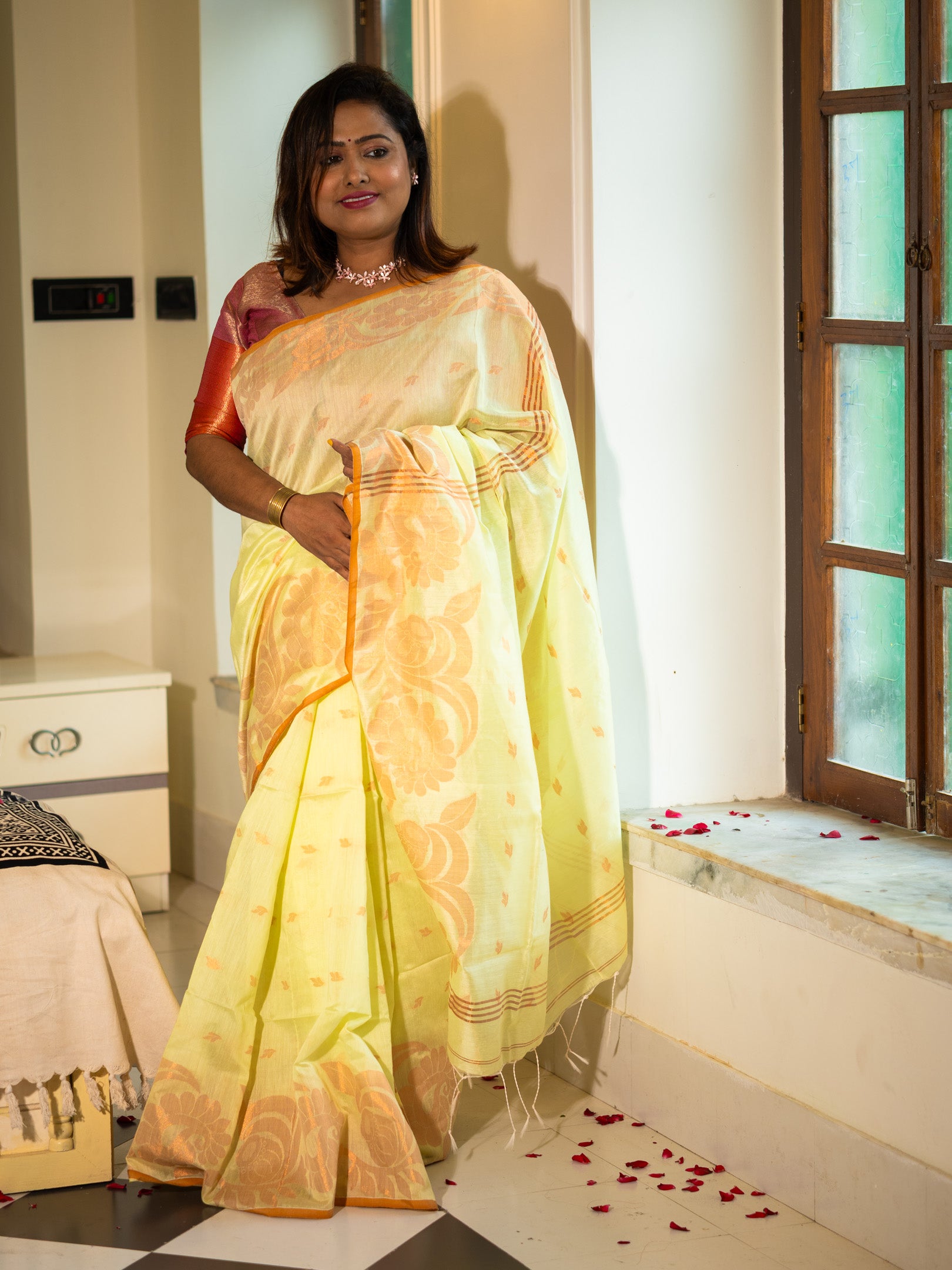Pastel Lime Handloom Silk Saree with Golden Floral Weave