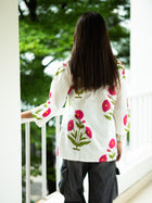 White Handloom Cotton Floral Kurta - Uttariya