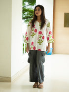 White Handloom Cotton Floral Kurta - Uttariya