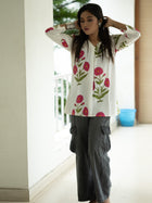 White Handloom Cotton Floral Kurta - Uttariya