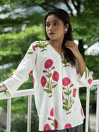 White Handloom Cotton Floral Kurta - Uttariya