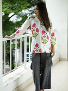 White Handloom Cotton Floral Kurta - Uttariya