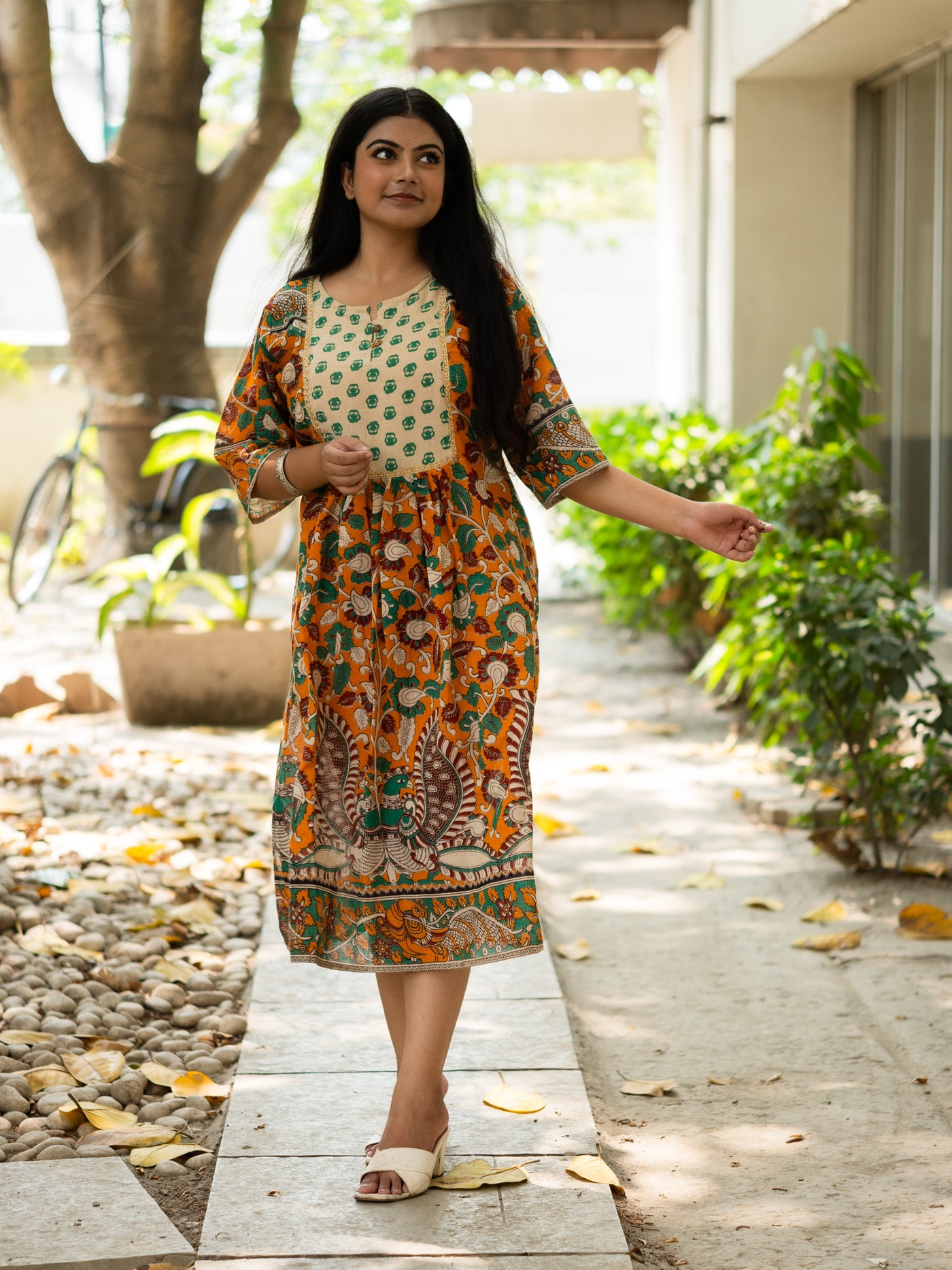 Polycolour Kalamkari Print Cotton Dress M