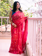 Red Velvet Bloom Embroidered Tissue Saree - Uttariya