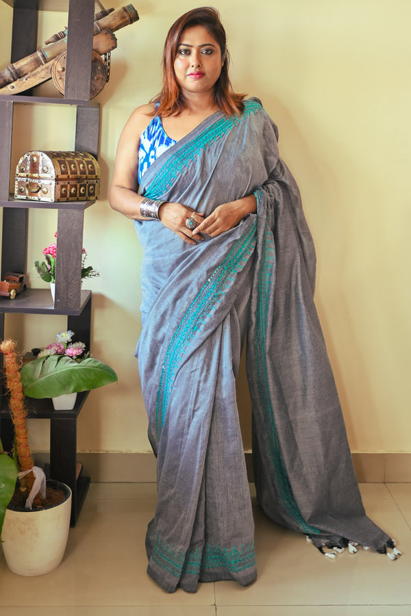 Gray path Saree - Uttariya