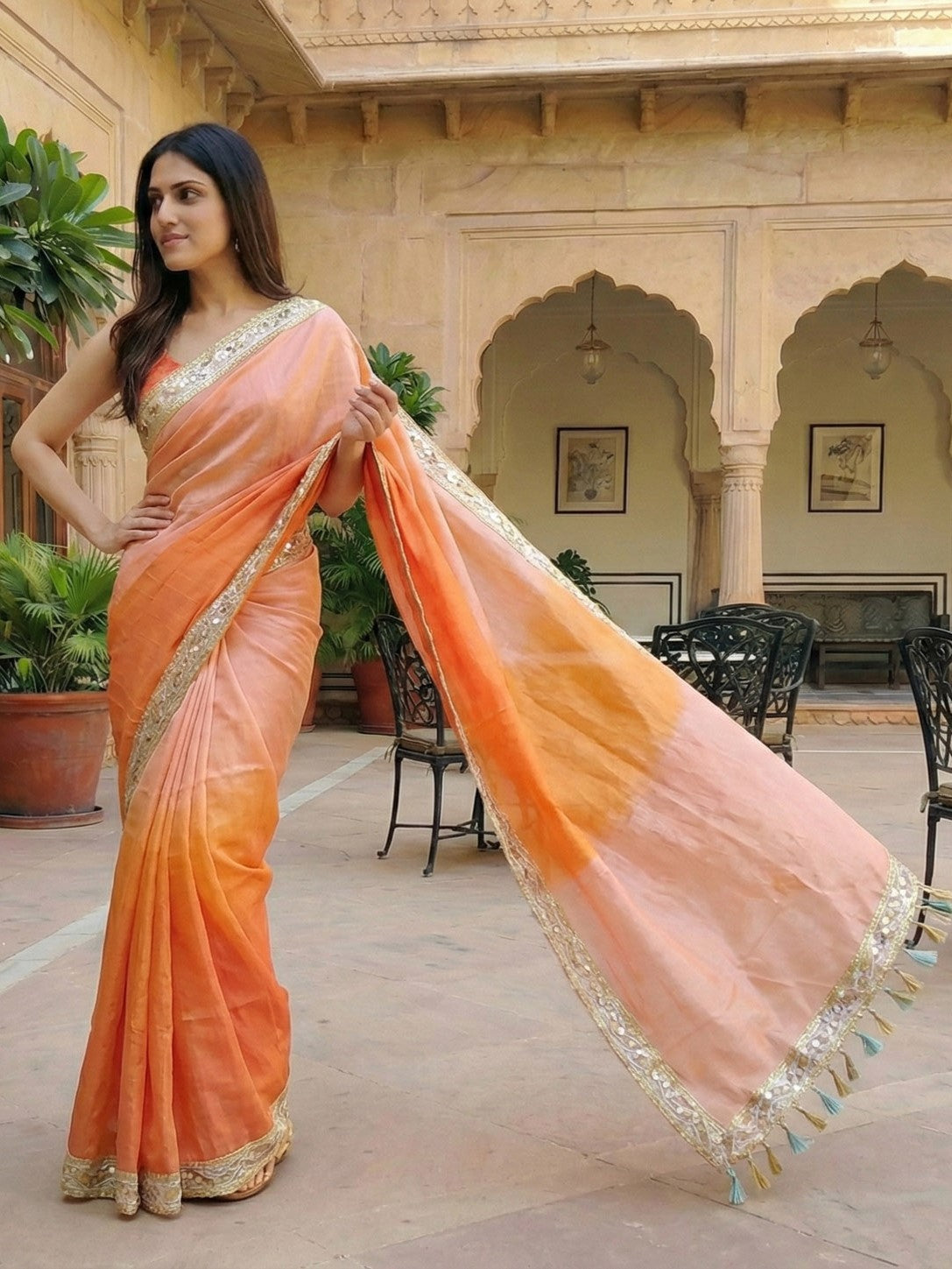 Peach gold Silk Zardosi Saree