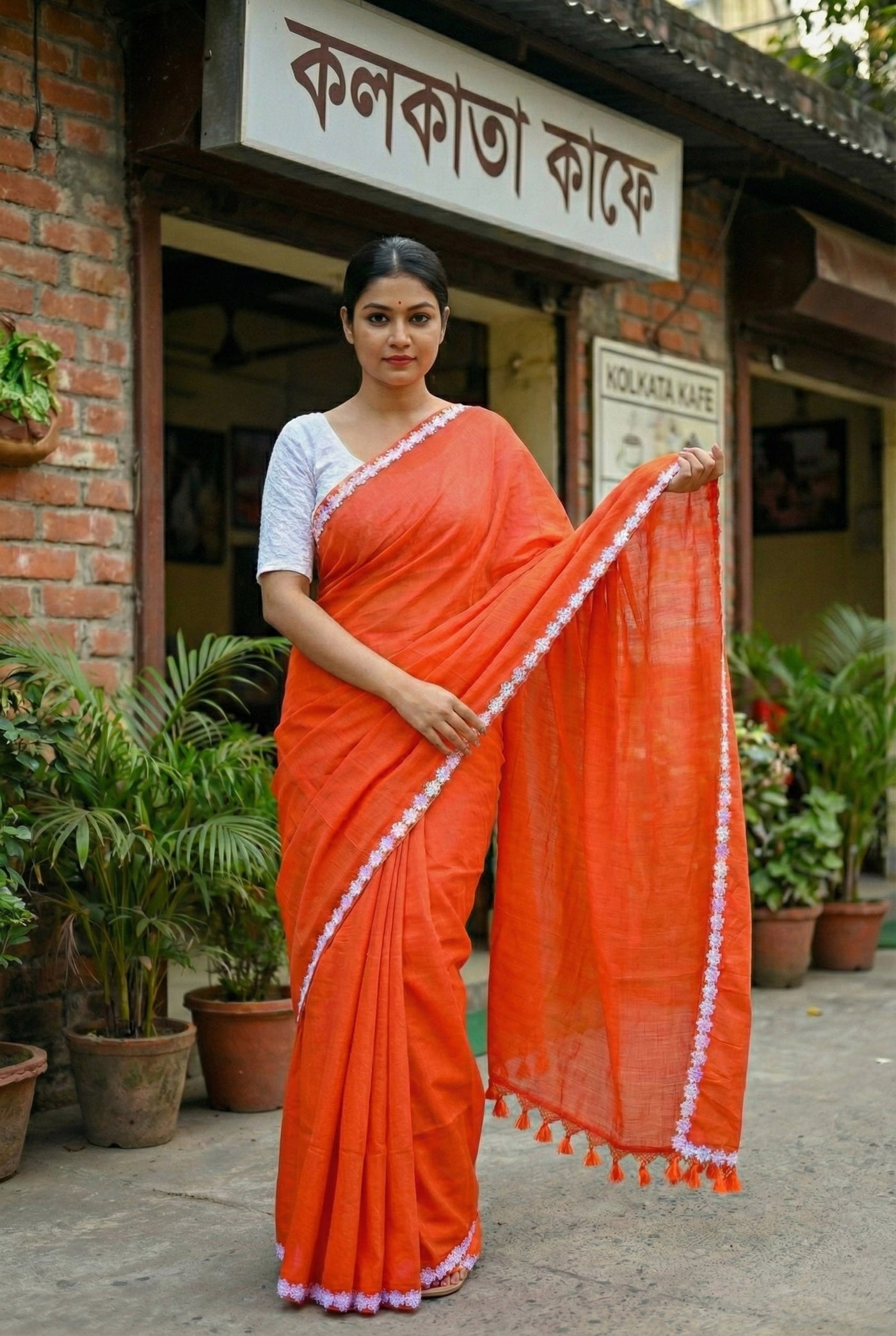 Orange ful Saree - Uttariya
