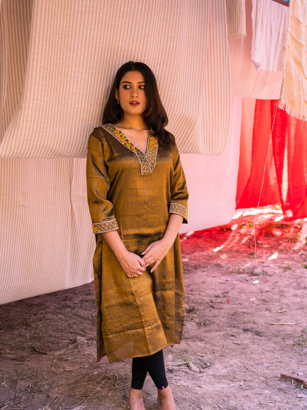 Makhmali Malai Silk Kurta Bronze - Uttariya