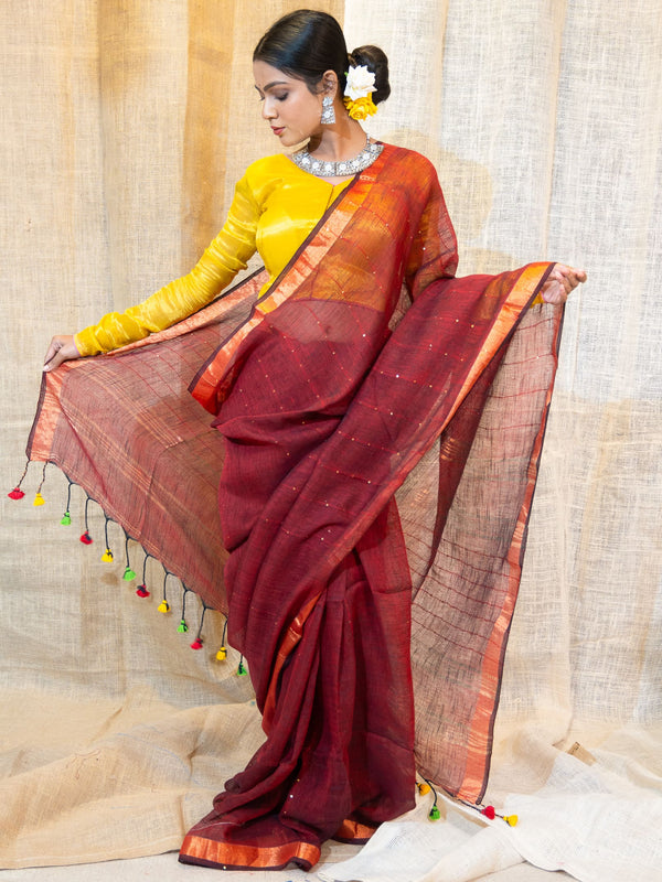 Woven Design Pure Linen Saree