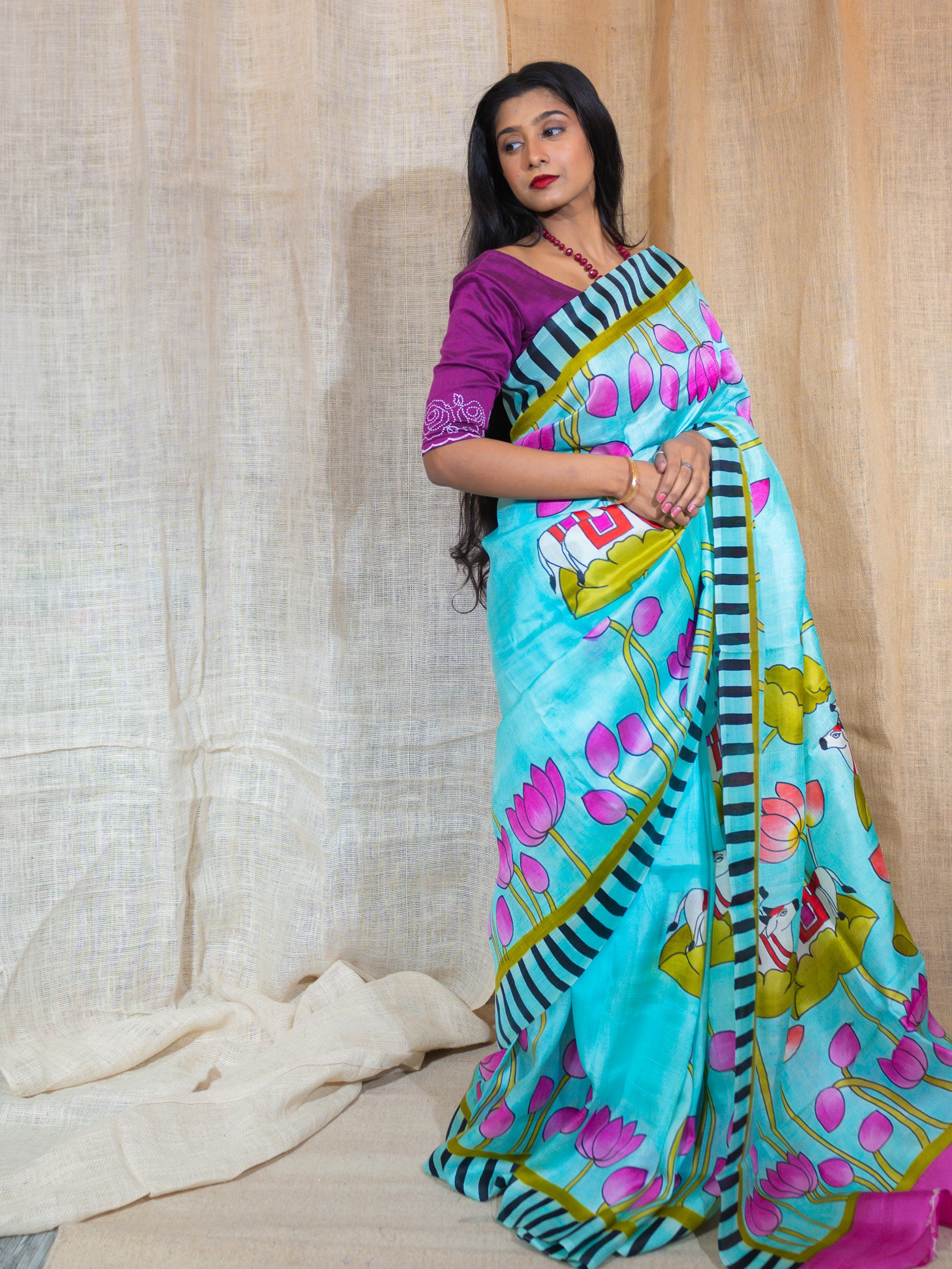 Tasar Silk Hand Painted Saree