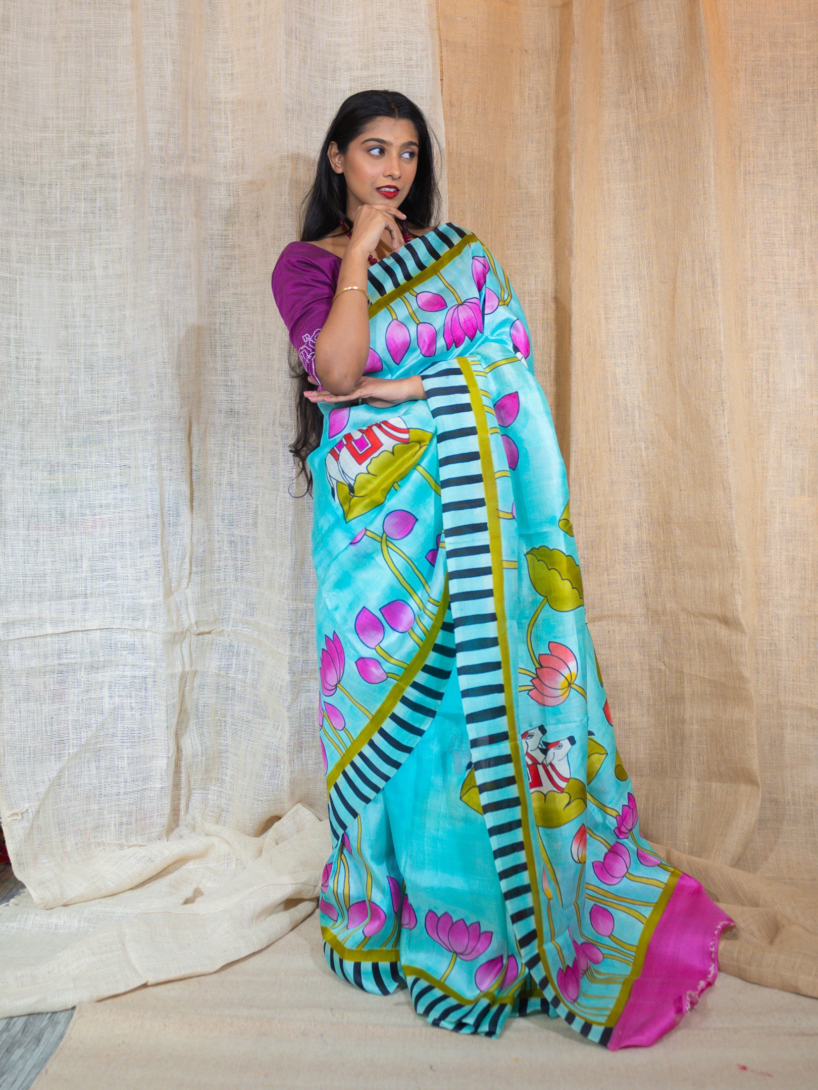 Tasar Silk Hand Painted Saree