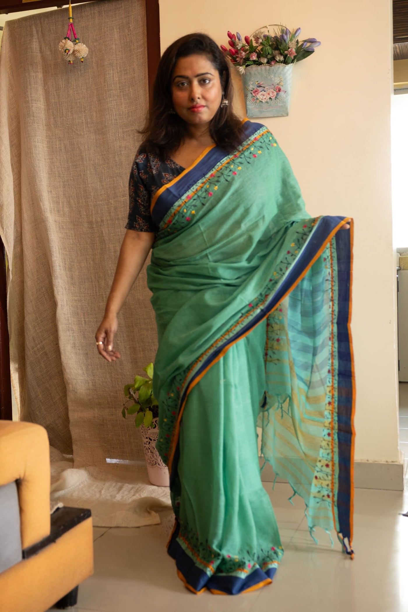 Floral Embroidered Pure Cotton Saree