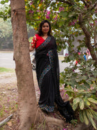 Black Garden On The Needle Embroidered Cotton Saree - Uttariya