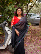 Black Garden On The Needle Embroidered Cotton Saree - Uttariya