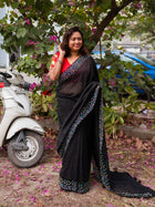 Black Garden On The Needle Embroidered Cotton Saree - Uttariya