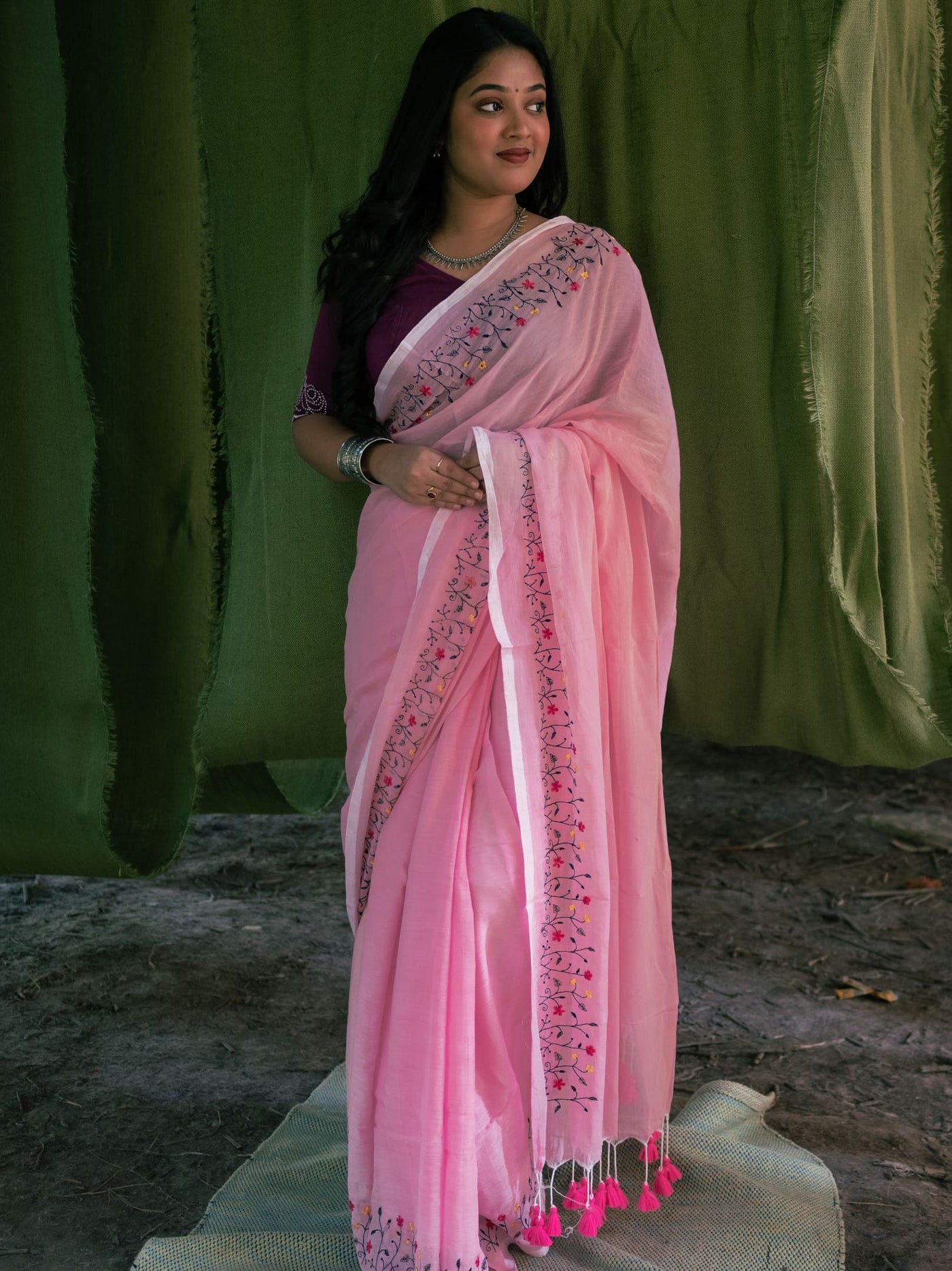 Floral embroidered Cotton saree