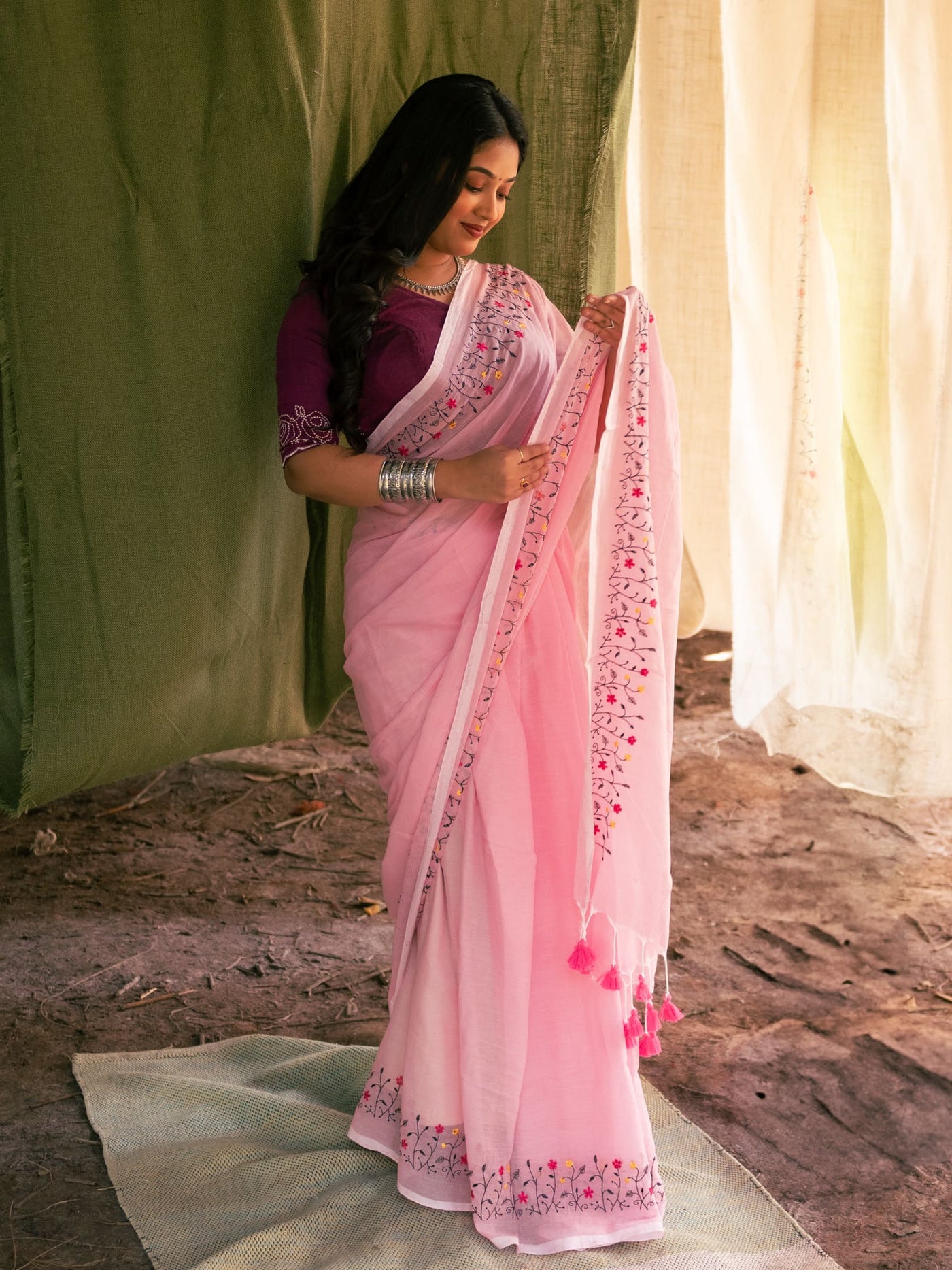 Floral embroidered Cotton saree