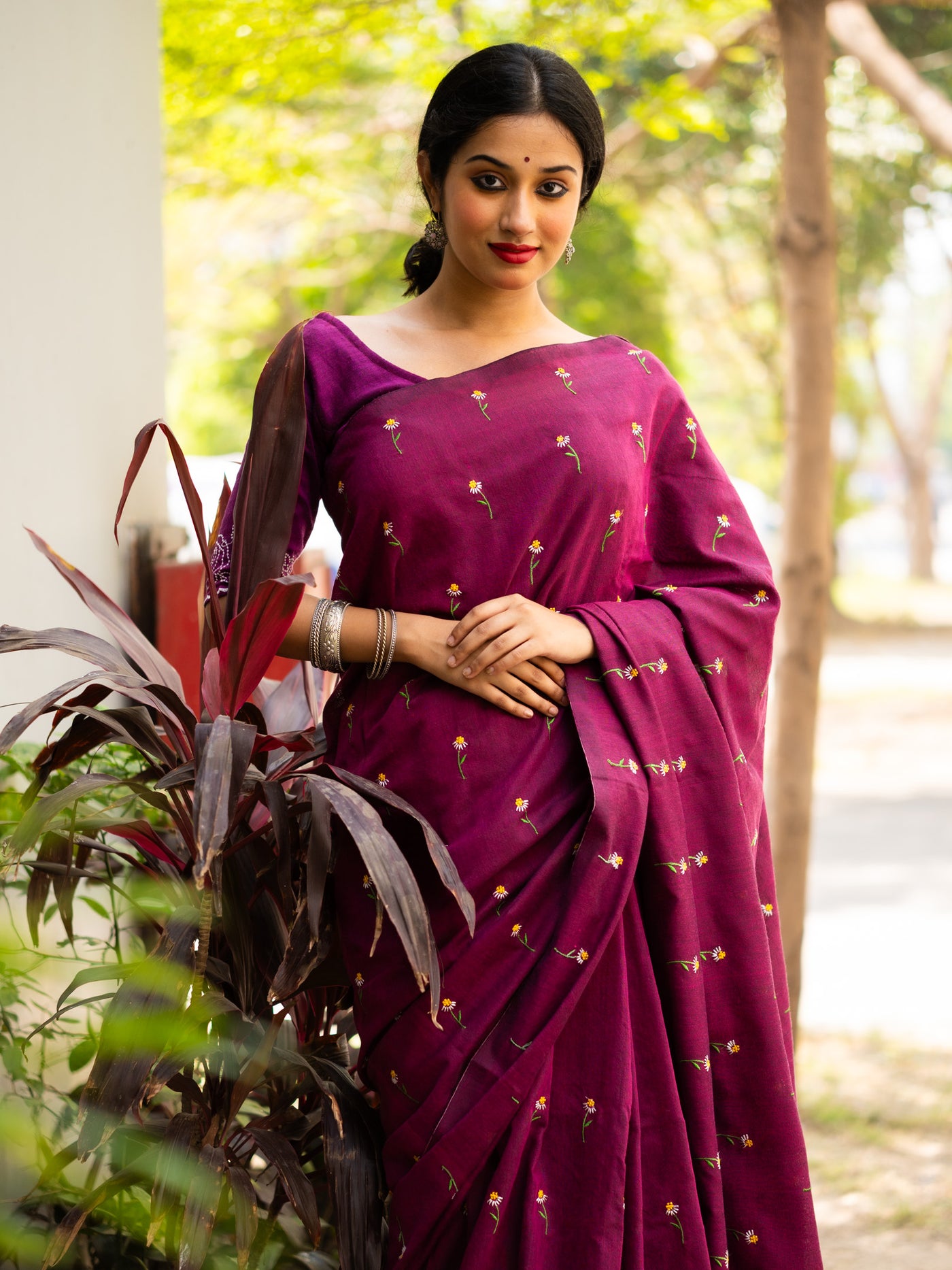 Wine Marron Flower Embroidered Cotton Saree
