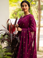 Wine Marron Flower Embroidered Cotton Saree