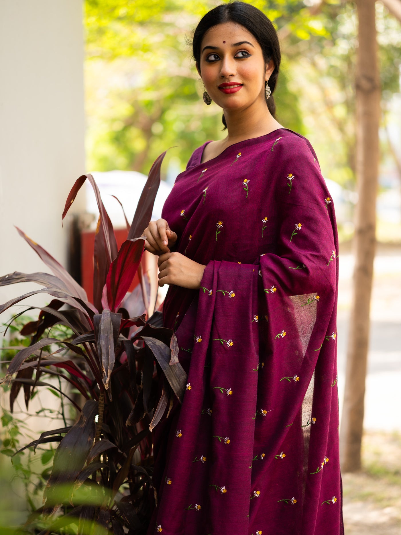 Wine Marron Flower Embroidered Cotton Saree