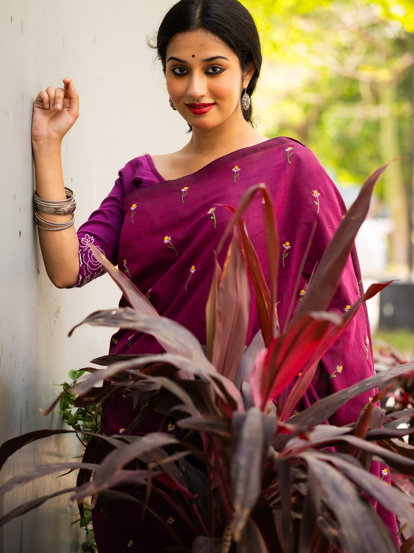 Wine Marron Flower Embroidered Cotton Saree