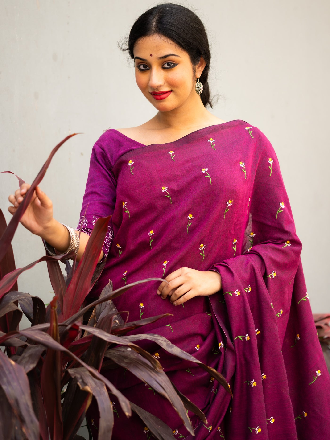 Wine Marron Flower Embroidered Cotton Saree