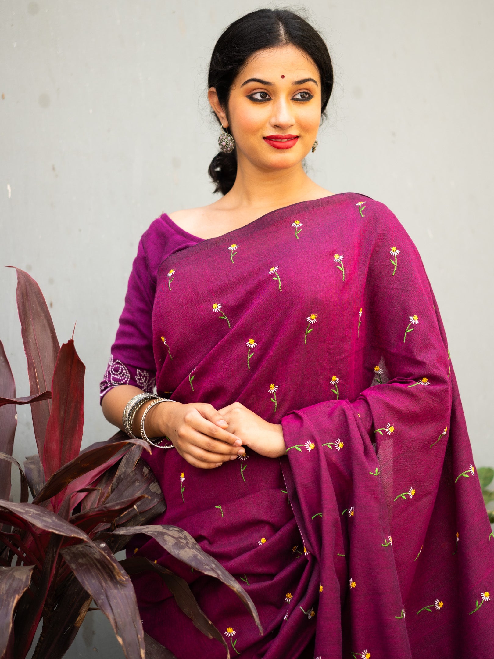 Wine flower  embroidered Saree