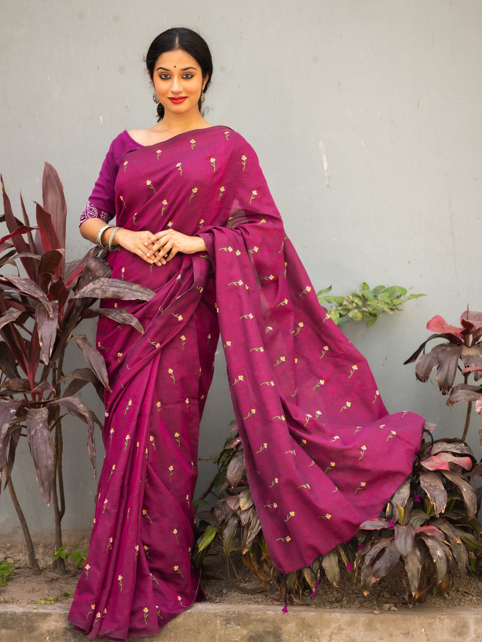Wine flower  embroidered Saree