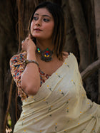 Bone White Flower Embroidered Cotton Saree