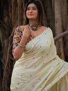 Bone White Flower Embroidered Cotton Saree