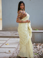 Bone White Flower Embroidered Cotton Saree