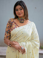 Bone White Flower Embroidered Cotton Saree