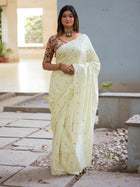 Bone White Flower Embroidered Cotton Saree