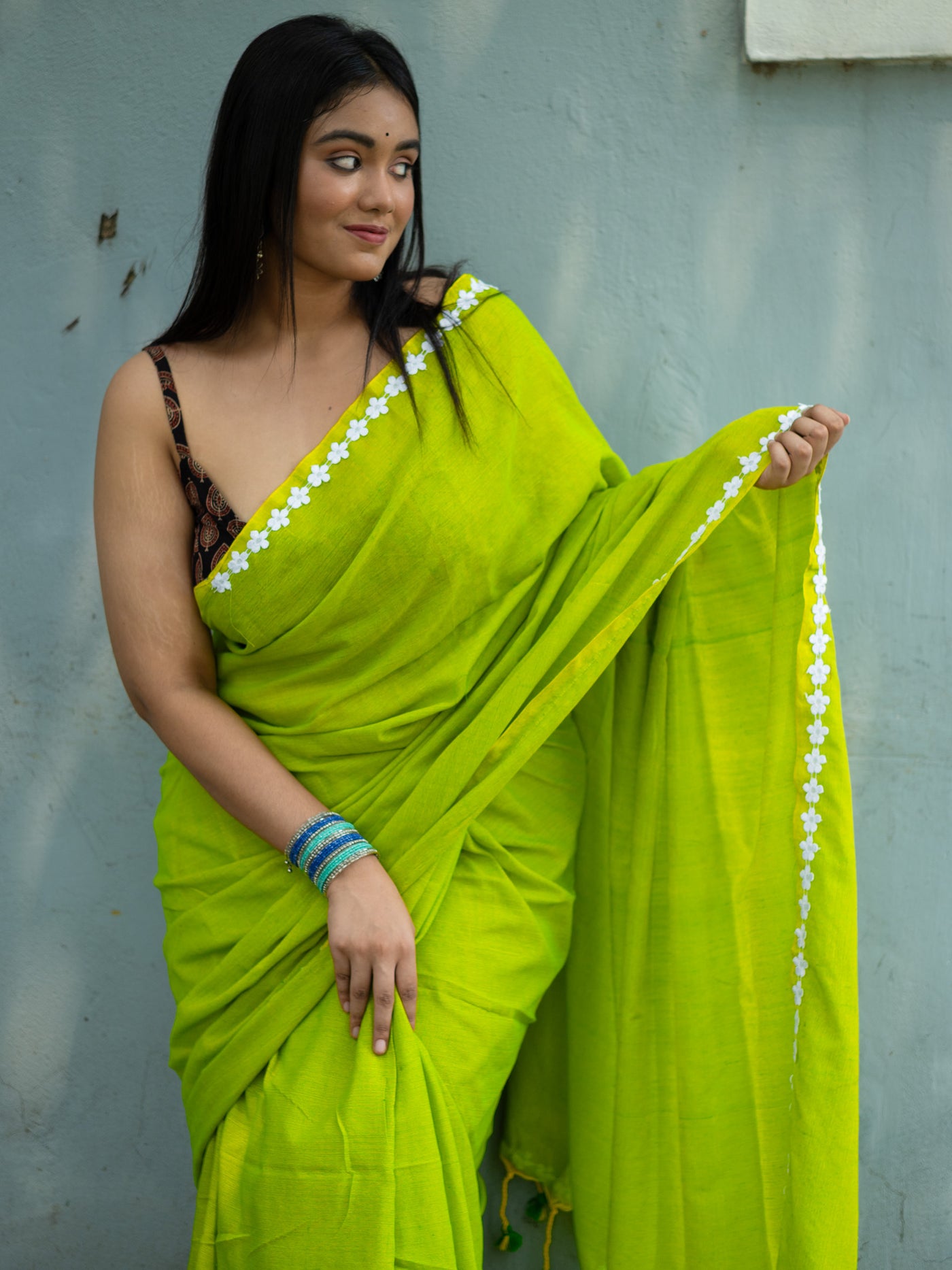 Solid Embroidered Patchwork Pure Cotton Khadi Saree