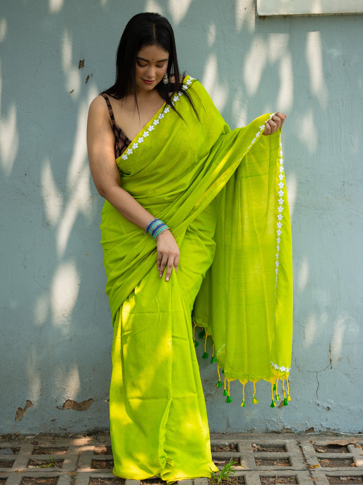 Solid Embroidered Patchwork Pure Cotton Khadi Saree