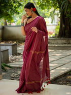 Tawny Luxe Maroon Pure Cotton Saree - Uttariya