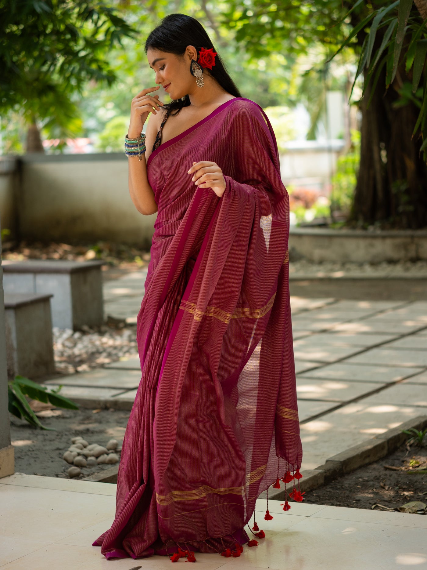 Tawny Luxe Maroon Pure Cotton Saree - Uttariya