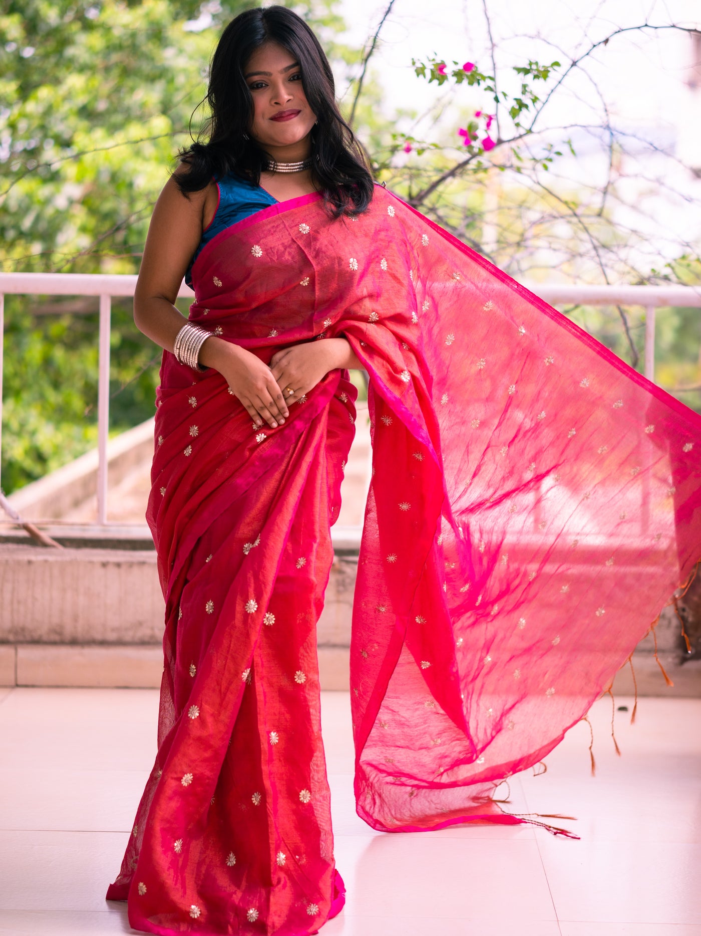 Red Velvet Bloom Embroidered Tissue Saree - Uttariya