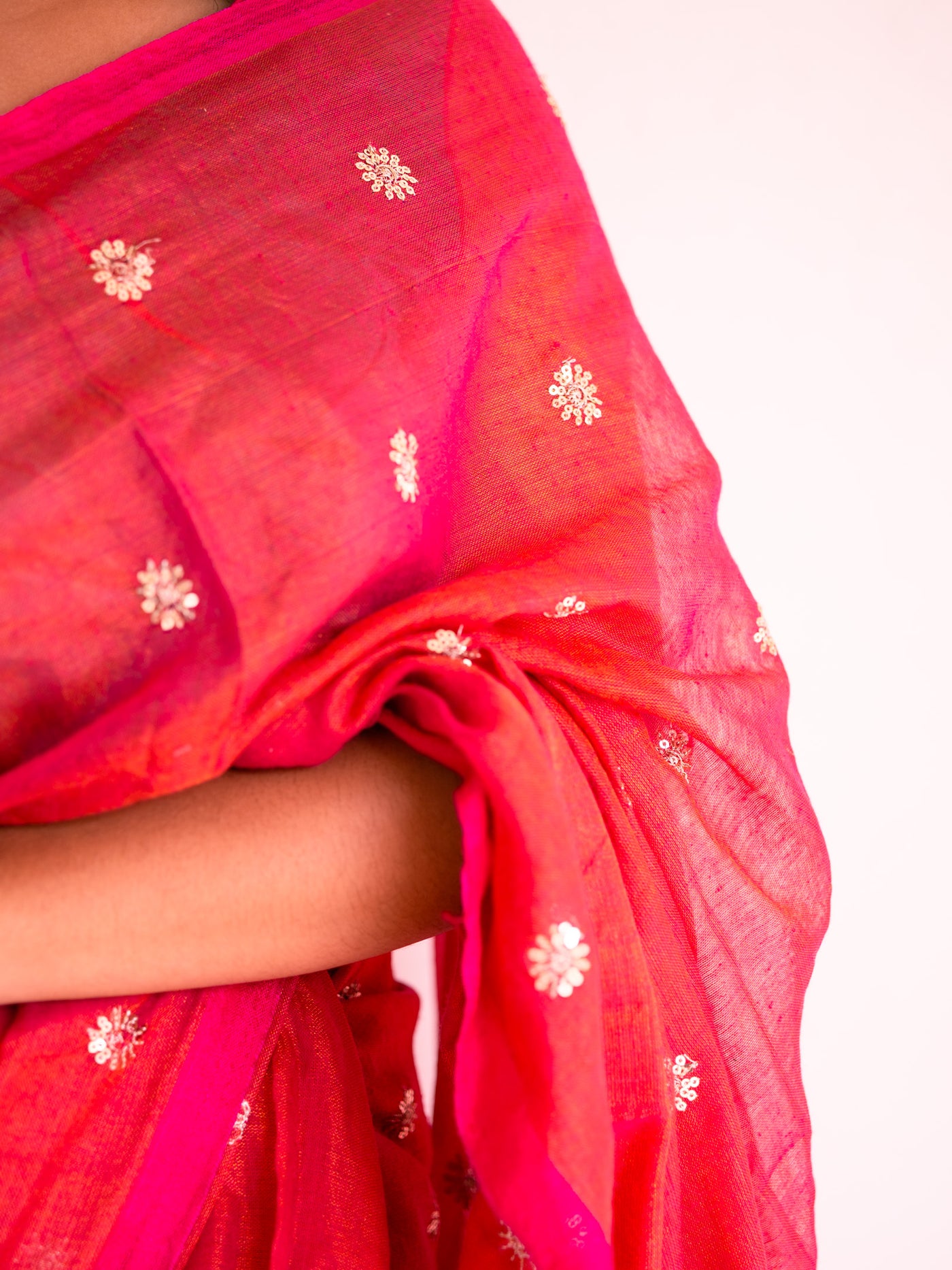 Red Velvet Bloom Embroidered Tissue Saree - Uttariya